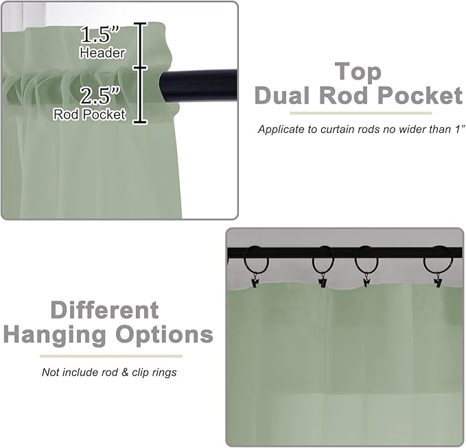 Sheer Sage Green Curtains for Bedroom Living Room 54 Inch Length 2 Panels Set, Solid Soft Airy Light Filtering Window Treatments, Modern Rod Pocket Drapes, Sage Green, 42" Wx54 L Inches