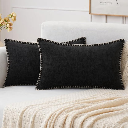 MIULEE Pack of 2 Couch Throw Pillow Covers 12x20 Inch Black Farmhouse Decorative Pillow Covers with Stitched Edge Soft Chenille Solid Dyed Spring Pillow Covers for Sofa Bed Living Room