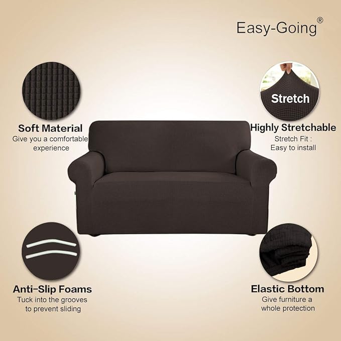 Easy-Going Stretch Sofa Slipcover 1-Piece Sofa Cover Furniture Protector Couch Soft with Elastic Bottom for Kids, Polyester Spandex Jacquard Fabric Small Checks (Sofa, Chocolate)