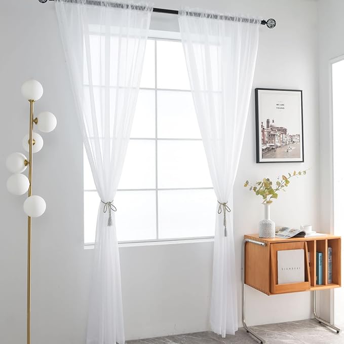 SpaceDresser Sheer Voile Window Treatment Rod Pocket Curtain Panels for Kitchen Bedroom Living Room Drapes Sunlight Filtering Privacy Semi Home Decor Assorted (White, 52 W x 118 L)