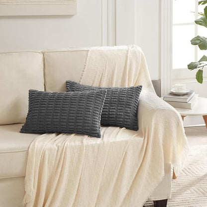 Fancy Homi 4 Packs Dark Grey Decorative Throw Pillow Covers 12x24 Inch for Couch Bed, Rustic Modern Farmhouse Boho Home Decor, Soft Plush Corduroy Gray Cute Square Accent Cushion Case 30x60 cm