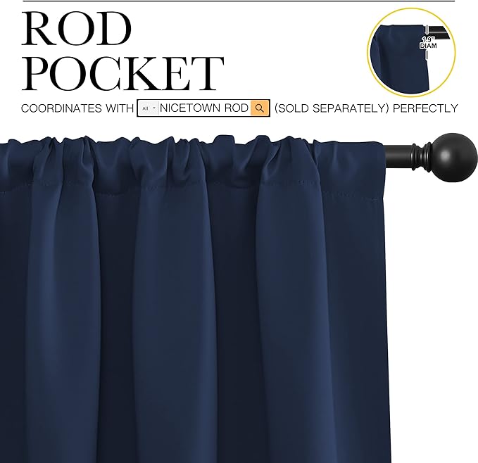 NICETOWN Navy Blue Blackout Curtains for Living Room - Triple Weave Home Decoration Thermal Insulated Solid Rod Pocket Blackout Drapes for Bedroom(Set of 2, 42 x 72 Inch)
