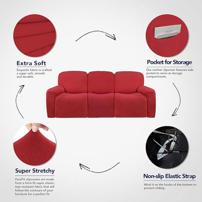 PureFit Super Stretch 3 Seats Recliner Sofa Couch Cover with Pocket – Non Slip Soft Sofa Slipcover, Washable Spandex Reclining Furniture Protector for Kids, Pets (Recliner Sofa, Red)
