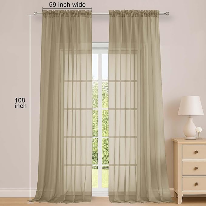 OWENIE Sheer Taupe Curtains 108 Inches Long for Living Room Bedroom 2 Panels Set, Lightweight Airy Taupe Sheer Curtain, Filmy Voile Rod Pocket, 2 PCS, Each 59" W x 108" L