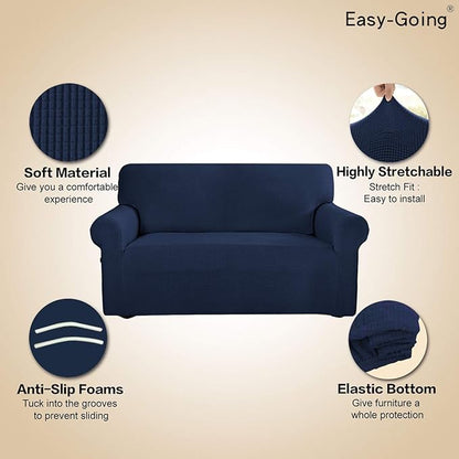 Easy-Going Stretch Sofa Slipcover 1-Piece Sofa Cover Furniture Protector Couch Soft with Elastic Bottom for Kids, Polyester Spandex Jacquard Fabric Small Checks (Sofa, Navy)