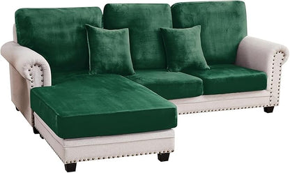 Couch Cover 3-Piece Elastic Velvet Couch Cushion Covers & Chaise Slipcovers for L-Shaped Sofas, Sofa Seat Covers Washable, Soft Cover for Couches (2 Seater + Chaise, Christmas Green)