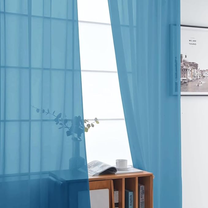 SpaceDresser Basic Rod Pocket Sheer Voile Window Curtain Panels Blue 1 Pair 2 Panels 52 Width 63 Inch Long for Kitchen Bedroom Children Living Room Yard（Blue, 52W x 63L）