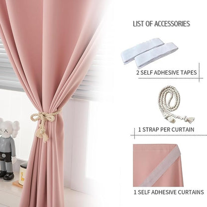 Self Adhesive Blackout Curtains- Stick on Curtains Shades Window Blinds Curtains No Rod Needed Easy to Hang Curtain, Use for Bedroom, Living Room,Roman Shades, 35" W X 59" L, Pink, 1 Panel