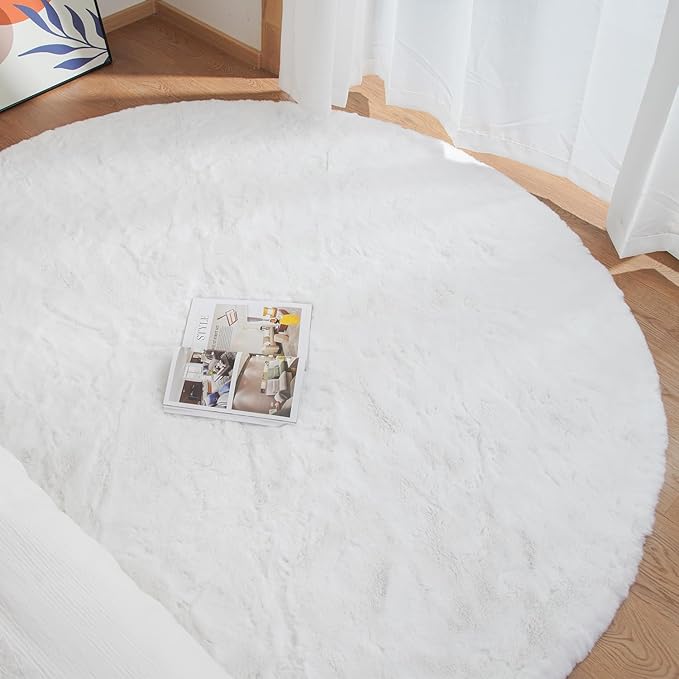 ORINOVA White Shag Round Rugs 8ft for Dining Room Table Faux Bunny Machine Washable Fur Area Rugs for Bedroom Living Room Nursery Circle Rug