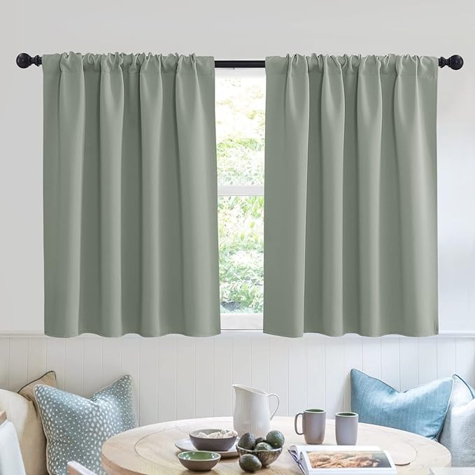 RYB HOME Short Grayish Green Blackout Curtains for Small Bedroom Window, Insulating UV Blocking Drapes for Kitchen Cafe Basement, Privacy Tiers for Bathroom Window, Width 42 by Length 36, Set of 2