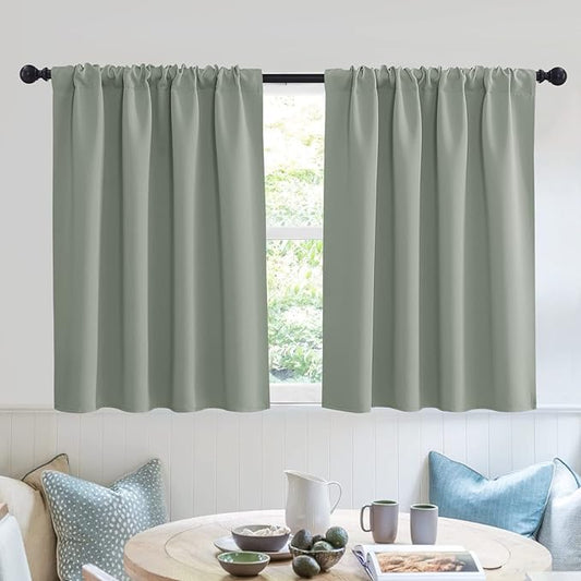 RYB HOME Short Grayish Green Blackout Curtains for Small Bedroom Window, Insulating UV Blocking Drapes for Kitchen Cafe Basement, Privacy Tiers for Bathroom Window, Width 42 by Length 36, Set of 2