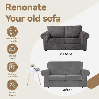 WEERRW Velvet Couch Covers for 2 Cushion Couch Sofa - High Stretch Luxury Velvet Plush 3 Pieces Sofa Slipcovers with Elastic Bottom, Furniture Protector for Pets, Machine Washable, Light Grey, Medium
