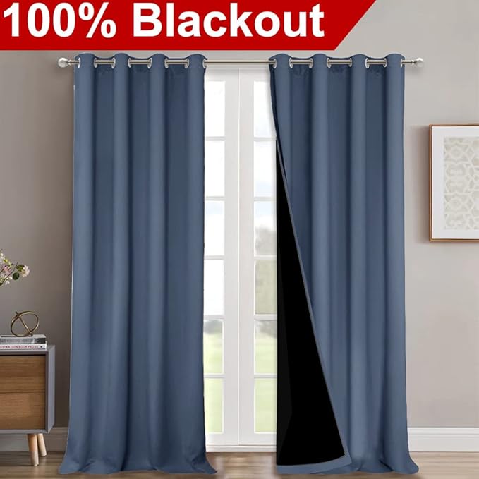 NICETOWN 100% Blackout Blinds, Set of 2, 46" x 96", Stone Blue, Laundry Room Decor Window Treatment Curtains for Large Patio Sliding Door, Thermal Insulated Curtains for Bedroom