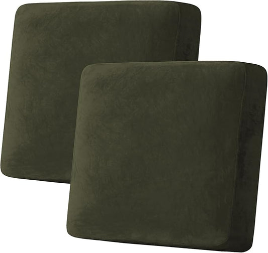H.VERSAILTEX Velvet Stretch Couch Cushion Cover Plush Cushion Slipcover for Chair Loveseat Sofa Cushion Furniture Protector Seat Cushion Sofa Cover (2 Piece Large Sofa Cushion Covers, Olive)
