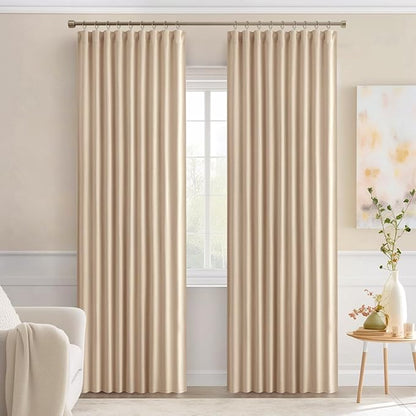MIULEE Back Tab Beige Curtains 90 Inch Long 2 Panels Set for Living Room Bedroom Privacy, Cream Rod Pocket/Pinch Pleated Light Blocking Thermal Insulated Room Darkening Blackout Curtains, 52 x 90 Inch