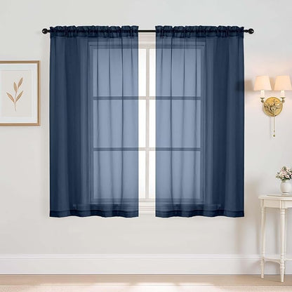 Navy Blue Window Sheer Curtains 54 inch Length, Soft Airy Light Filtering Sheer Curtain 2 Panels Set, Dual Rod Pocket Gauze Drapes for Living Room Bedroom, 2x42Wx54L Inches