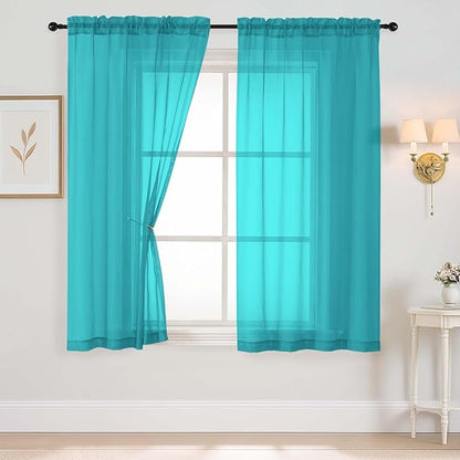 Turquoise Sheer Curtains 63 Inch Length 2 Panels, Voile Sheer Curtain for Living Room, Breathable Light Filtering Modern Window Treatments, Soft Fabric Dual Rod Pocket Drapes, 2x42Wx63L Inches