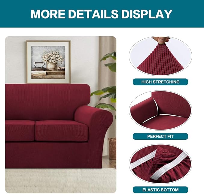 Turquoize 3 Piece Sofa Covers for 2 Cushion Couch Sofa Slipcover Soft Couch Cover for Dogs-Washable Sofa Furniture Covers with 2 Individual Cushion Covers (2 Cushion Sofa, Burgundy)