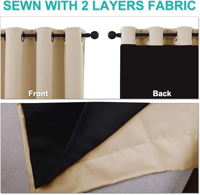 NICETOWN Living Room Completely Shaded Draperies, Privacy Protection & Noise Reducing Black Lined Insulated Window Treatment Curtain Panels for Patio Door (Set of 2 Pcs, W46 x L90, Biscotti Beige)