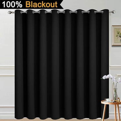 Yakamok 100% Blackout Thermal Insulated Sliding Door Curtains, Noise Reducing Sliding Glass Doors, Patio Door Drapery Room Divider Curtains, Black, W100 x L96, 1 Panel