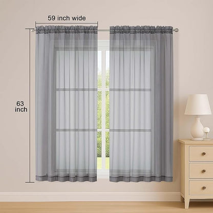 OWENIE Sheer Grey Curtains, Sheer Curtains 63 inch Length 2 Panels Set, Rod Pocket Voile Fimly Sheer Drapes for Living Room Bedroom, 2pcs, Grey, Each 59" W x 63" L