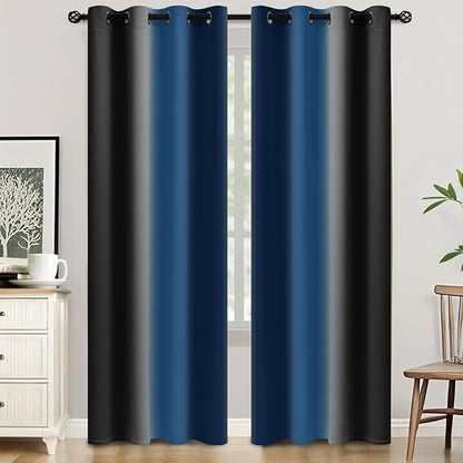 SimpleHome Ombre Room Darkening Curtains 84 inches Length for Bedroom,Grommet Gradient Light Blocking Blue and Black Gradient Window Curtains for Living Room,2 Panels, 52x84 inches