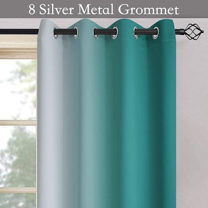 SimpleHome Ombre Room Darkening Curtains for Living Room, Light Blocking Gradient Teal to Greyish White Thermal Insulated Grommet Window Curtains/Drapes for Bedroom, 2 Panels, 52x63 inches Length