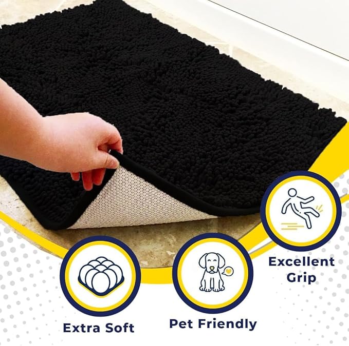 Muddy Mat® | Super Absorbent Door Mat Indoor, Microfiber Quick Dry Chenille Entryway Rug, Non-Slip Front Door Mat, Indoor Mats for Entryway, Machine Washable Pet Rug, Black 24"x72"