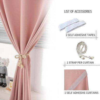 Self Adhesive Curtains, Stick Curtain Blackout Shades Window Cover Curtains for Living Room No Drilling, 47" W X 96" L, Pink, 1 Panel