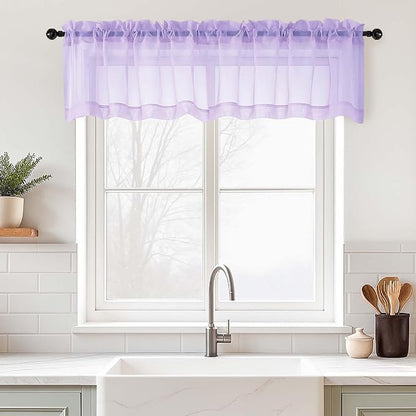 Valances for Windows 14 inch Length 2 Panels, Small Voile Sheer Curtains for Bathroom, Soft Fabric Lightweight Light Filtering Kitchen Curtains, Dual Rod Pocket, Lavender, 2x42Wx14L Inches