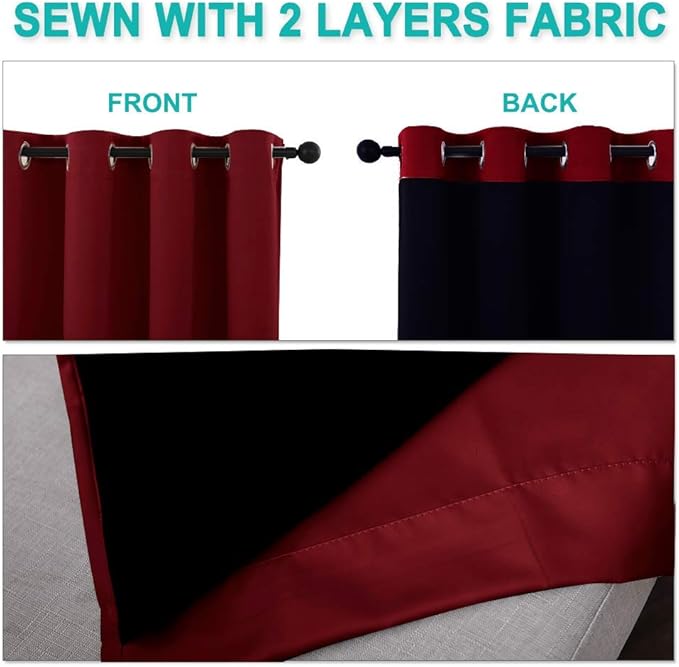 NICETOWN Kitchen Full Blackout Curtain Panels, Super Thick and Soft Insulated Window Covers, 100% Blackout Draperies with Black Backing for Cafe Window (Burgundy Red, Set of 2, 46 by 54-inch)