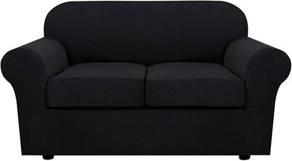 H.VERSAILTEX 3 Piece Stretch Sofa Covers for 2 Cushion Loveseat Couch Covers for Living Room Furniture Cover (Base Cover Plus 2 Seat Cushion Covers) Thicker Jacquard Fabric(Medium Sofa, Black)