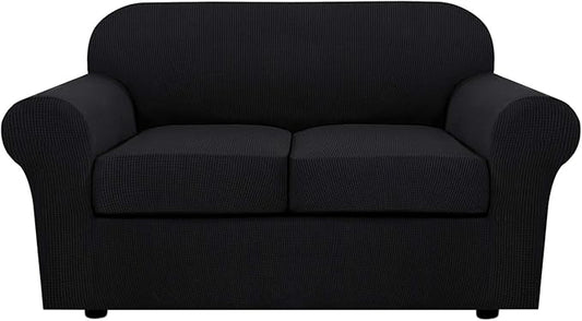H.VERSAILTEX 3 Piece Stretch Sofa Covers for 2 Cushion Loveseat Couch Covers for Living Room Furniture Cover (Base Cover Plus 2 Seat Cushion Covers) Thicker Jacquard Fabric(Medium Sofa, Black)