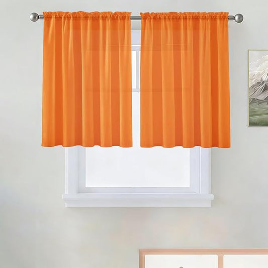 SpaceDresser Basic Rod Pocket Sheer Voile Window Curtain Panels Orange 1 Pair 2 Panels 52 Width 36 Inch Long for Kitchen Bedroom Children Living Room Yard（Orange, 52W x 36L）