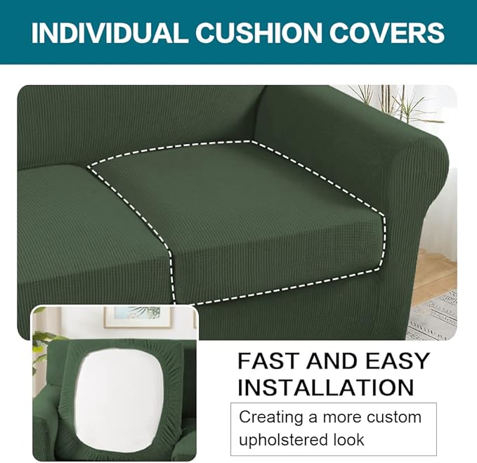 Turquoize 4 Piece Sofa Covers for 3 Cushion Couch Sofa Slipcover Soft Couch Cover for Dogs-Washable Sofa Furniture Covers with 3 Individual Large Cushion Covers (XL Sofa, Bronze Green)