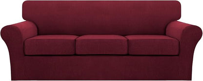 Turquoize 4 Piece Sofa Covers for 3 Cushion Couch Sofa Slipcover Soft Couch Cover for Dogs Washable Furniture Cover with 3 Individual Large Cushion Covers Feature Fabric (Large Sofa, Burgundy)