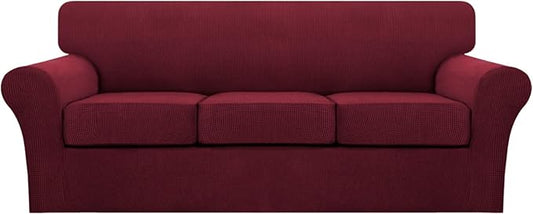 Turquoize 4 Piece Sofa Covers for 3 Cushion Couch Sofa Slipcover Soft Couch Cover for Dogs Washable Furniture Cover with 3 Individual Large Cushion Covers Feature Fabric (Large Sofa, Burgundy)