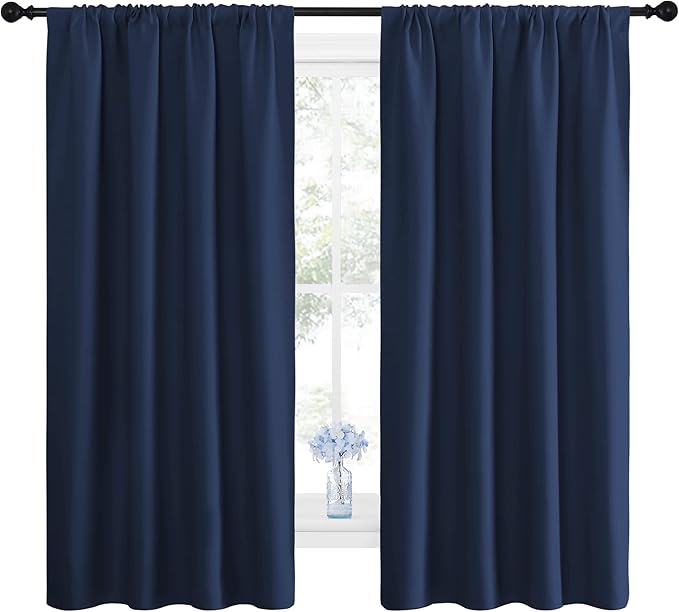 NICETOWN Bedroom Curtains Blackout Draperies - All Season Thermal Insulated Solid Rod Pocket Top Blackout Curtains/Drapes for Kid's Room (Navy, 1 Pair, 42 x 63 Inch)