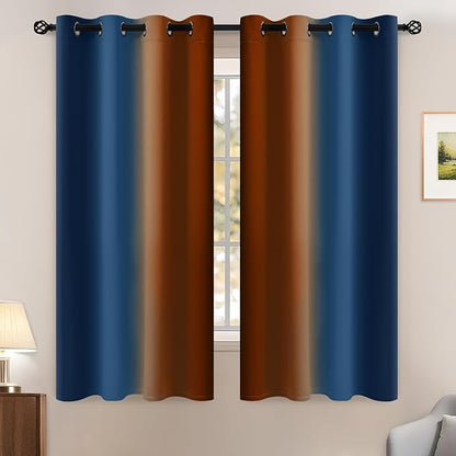 Yakamok Blackout Ombre Dark Blue and Burnt Orange Curtains-Gradient Room Darkening Curtain, Grommet Thermal Insulated Light Blocking Window Drapes Curtain for Living Room Bedroom,52 x 63 Inch,2 Panels