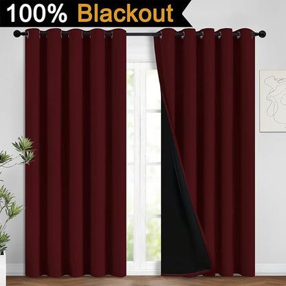 Yakamok 100% Blackout Lined Panels, Room Darkening Thermal Insulated Blackout Curtains for Bedroom, Heat Blocking Drapes for Living Room(62Wx84L, Burgundy Red, 2 Panels)