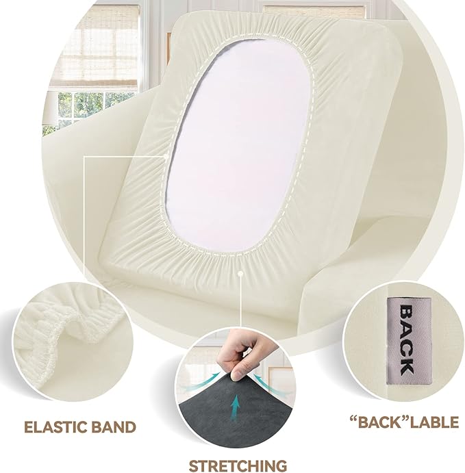 WEERRW Stretch Chair Sofa Slipcover - 2 Pieces Luxury Soft Plush Couch Cover Furniture Protector with Elastic Bottom for Pets, Machine Washable, Ivory, Small