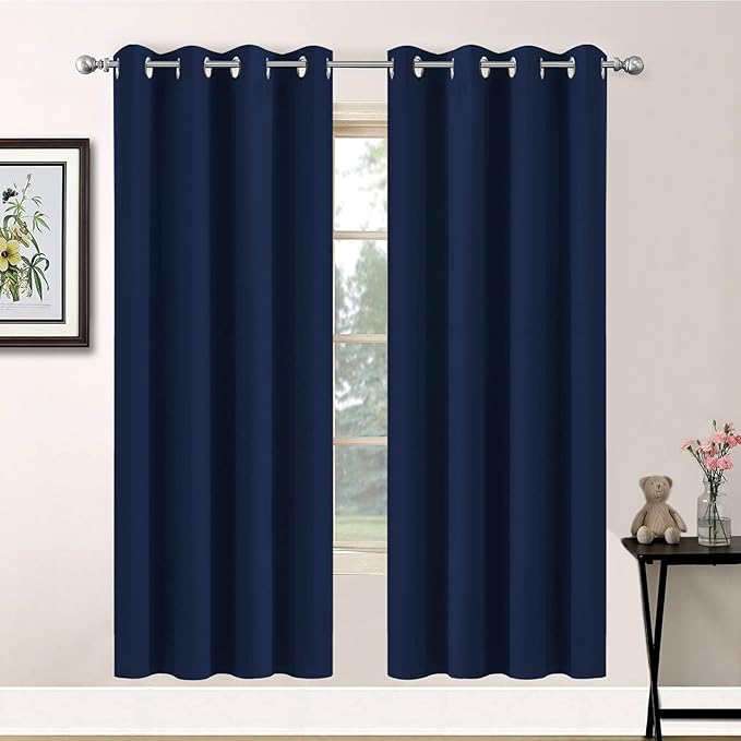 Yakamok Blackout Curtains with Grommet Thermal Insulated Room Darkening Window Drapes for Dedroom, Navy Blue Color, Set of 2, W52 x L72