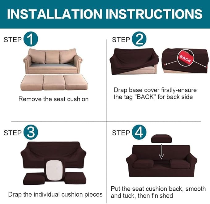 Turquoize 4 Piece Sofa Covers for 3 Cushion Couch Sofa Slipcover Soft Couch Cover for Dogs Washable Furniture Cover with 3 Individual Large Cushion Covers Feature Fabric (Large Sofa, Brown)