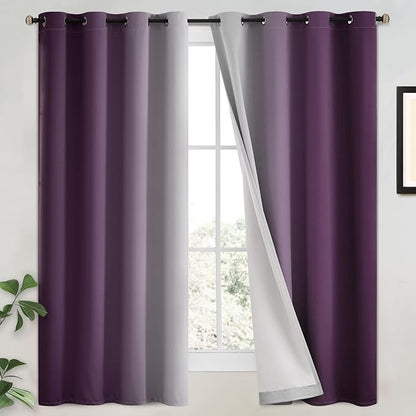 Yakamok 100% Blackout Curtains 63 Inch Length 2 Layers,Purple Curtains for Bedroom Ombre Room Darkening Grommet Gradient Drapes, Light Blocking Thermal Insulated Window Curtains for Living Room