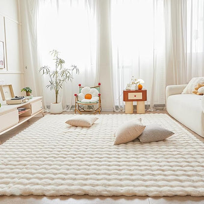Creamy White Rabbit Plush Rug 8'x10', Fluffy Faux Fur Shaggy Area Rug for Nursery, Kids Room Decor, Soft Fuzzy Carpet for Living Room, Bedroom, Teen Girls Room