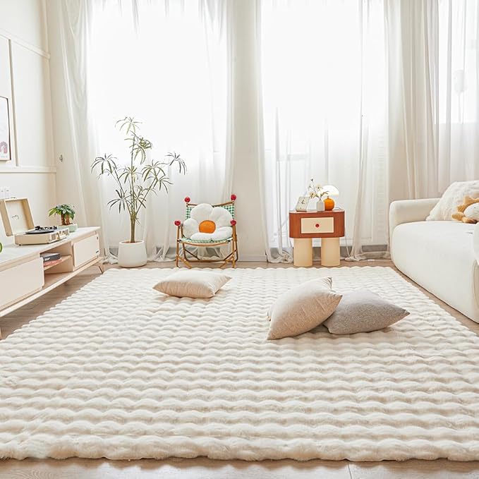 Creamy White Rabbit Plush Rug 6'x9', Fluffy Faux Fur Shaggy Area Rug for Nursery, Kids Room Decor, Soft Fuzzy Carpet for Living Room, Bedroom, Teen Girls Room