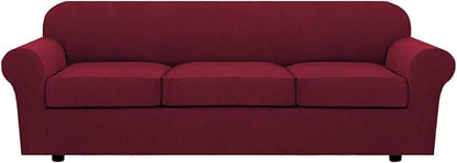 H.VERSAILTEX 4 Piece Stretch Sofa Covers for 3 Cushion Couch Covers for Living Room Furniture Slipcovers (Base Cover Plus 3 Seat Cushion Covers) Thicker Jacquard Fabric (Large Sofa, Burgundy)
