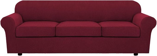 H.VERSAILTEX 4 Piece Stretch Sofa Covers for 3 Cushion Couch Covers for Living Room Furniture Slipcovers (Base Cover Plus 3 Seat Cushion Covers) Thicker Jacquard Fabric (Large Sofa, Burgundy)