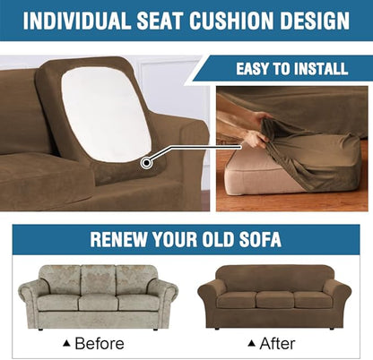 H.VERSAILTEX Modern Velvet Plush 4 Piece High Stretch Sofa Slipcover Sofa Cover Furniture Protector Form Fit Thick Velvet Sofa Cover for 3 Cushion Couch Width Up to 90 Inch (Sofa, Bronze Brown)