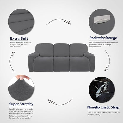 PureFit Super Stretch 3 Seats Recliner Sofa Couch Cover with Pocket – Non Slip Soft Sofa Slipcover, Washable Spandex Reclining Furniture Protector for Kids, Pets (Recliner Sofa, Gray)